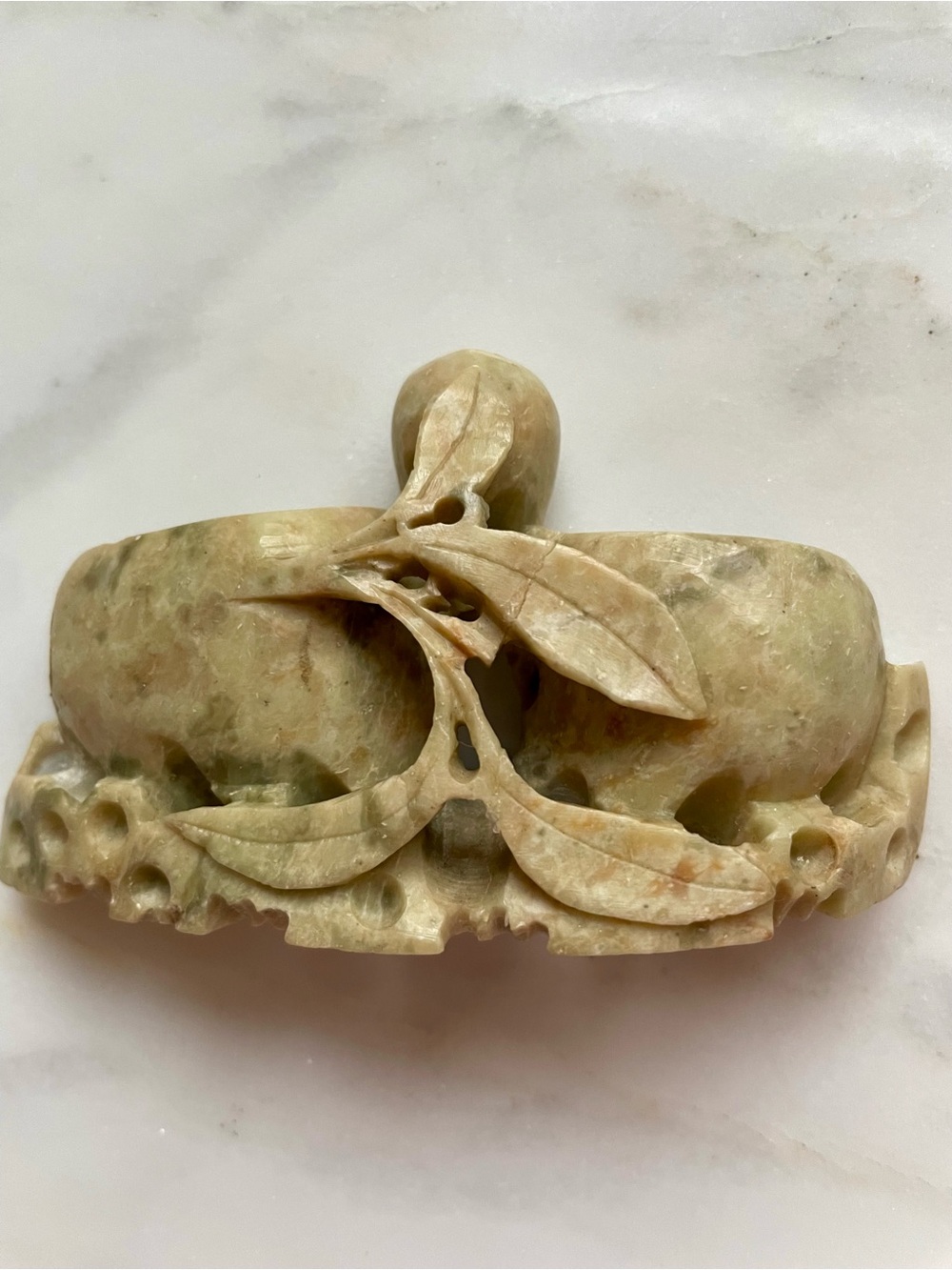 Chinese carved soapstone brush washer or double inkwell, peach floral motifs.